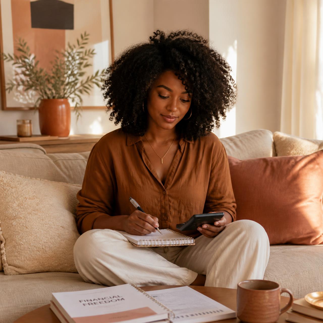 A woman calmly reviewing her finances at home with a notebook and calculator